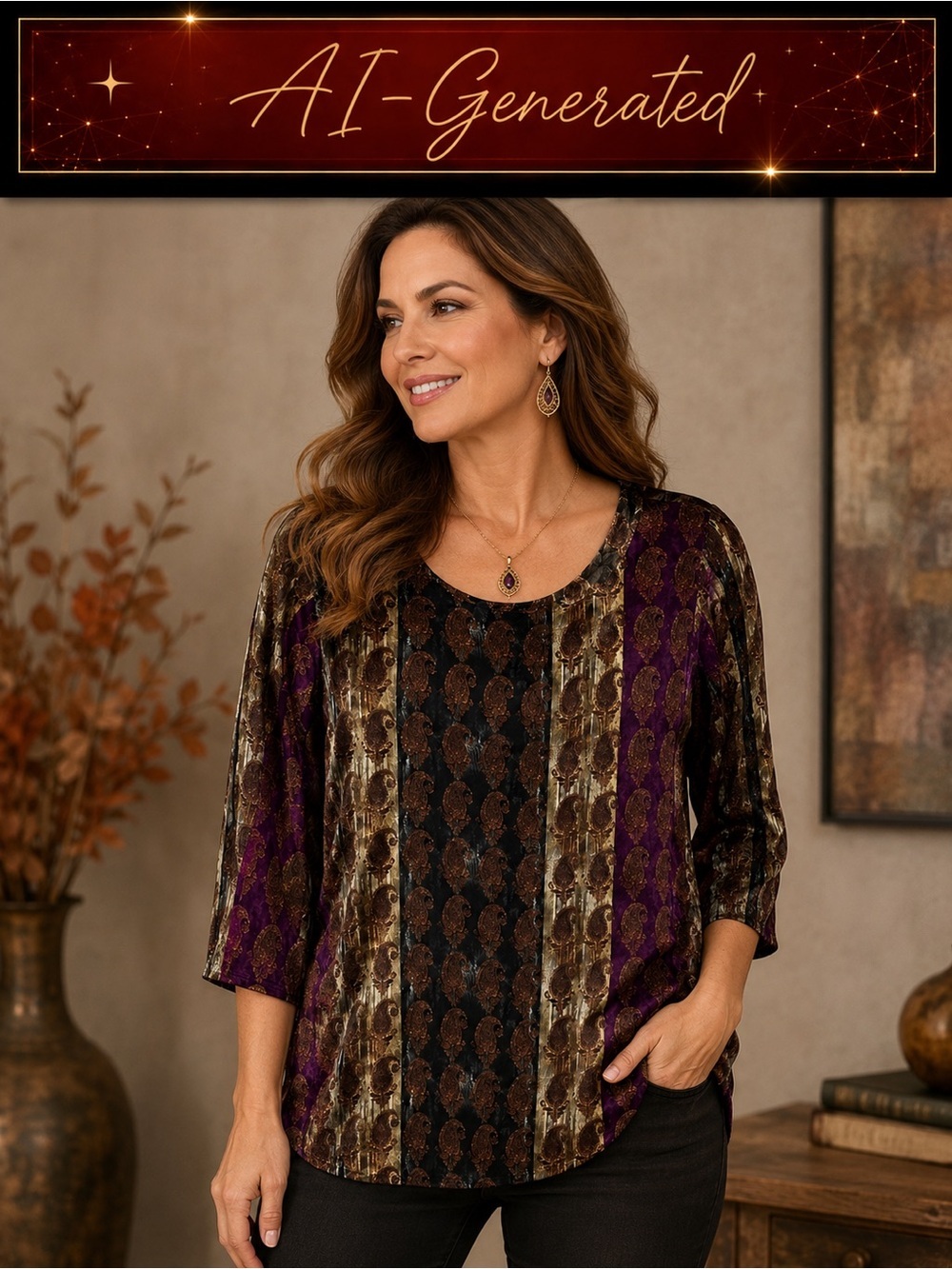 APNY Silk Fall Autumn Purple Jewel 3/4 Sleeve Blouse Chocolate Brown Burgandy